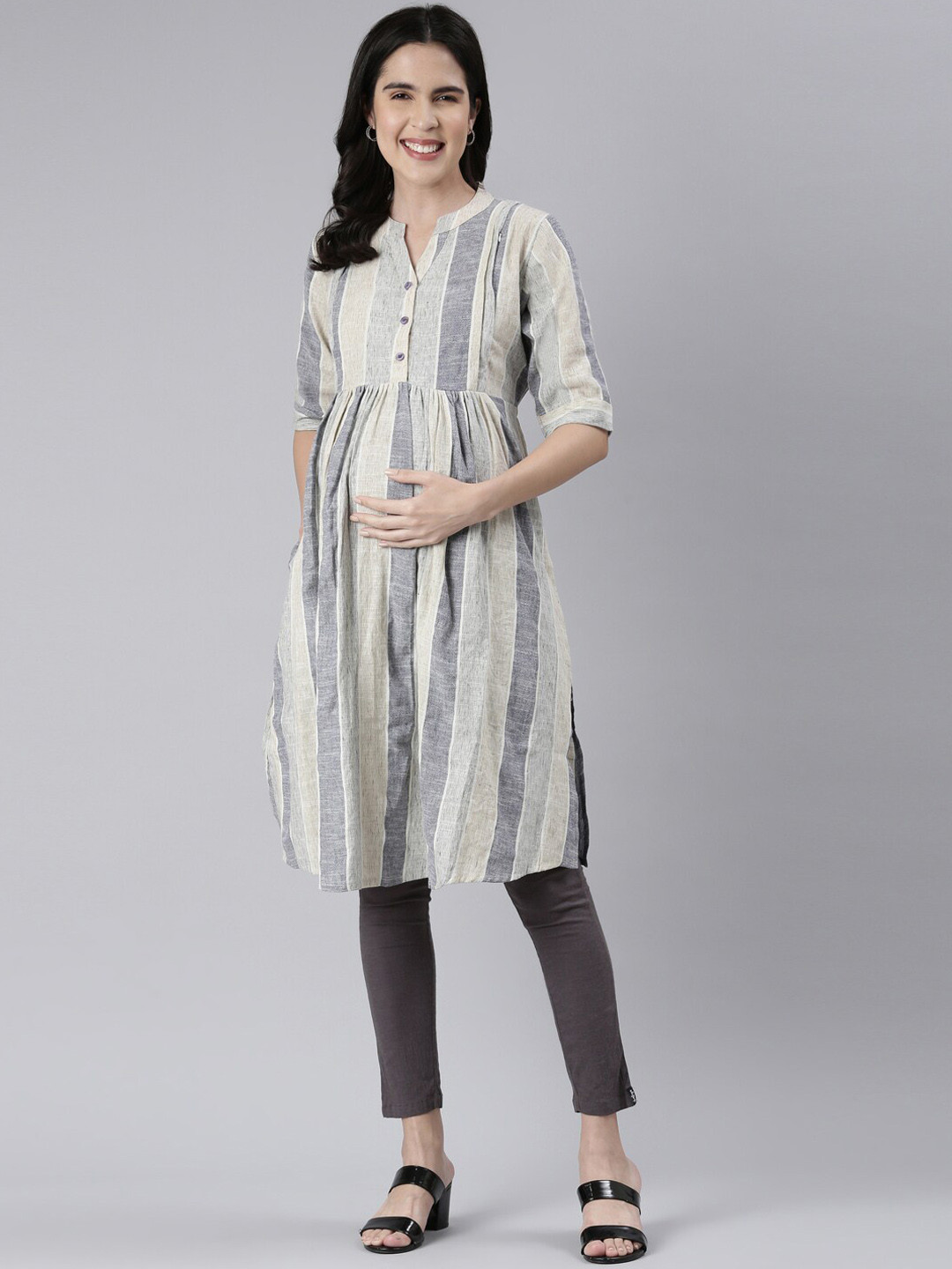 

GOLDSTROMS Striped Printed A-Line Maternity Kurta, Grey