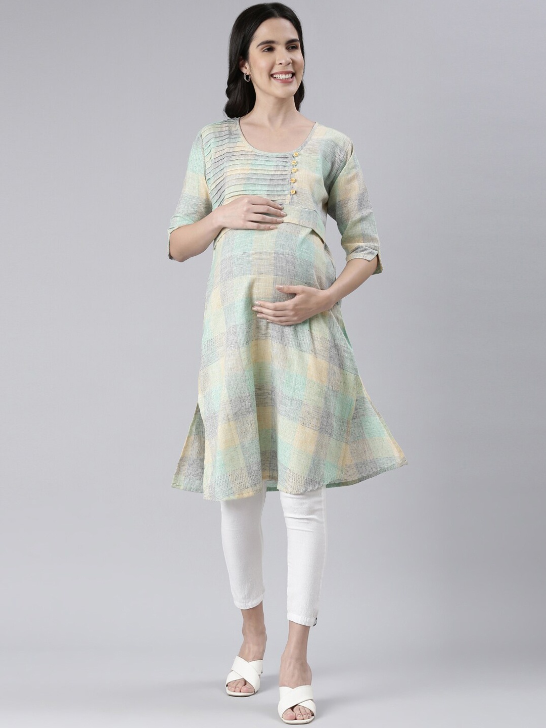 

GOLDSTROMS Striped Printed Maternity Kurta, Green