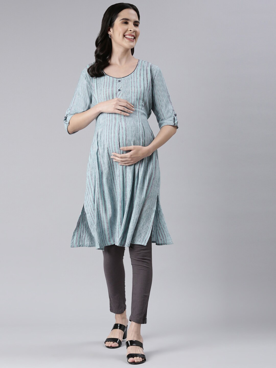 

GOLDSTROMS Striped Printed Maternity Kurta, Sea green