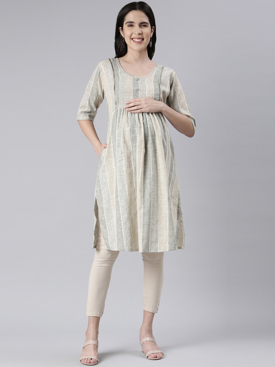 

GOLDSTROMS Striped Printed A-Line Maternity Kurta, Green