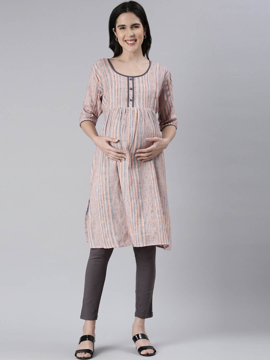 

GOLDSTROMS Striped Printed A-Line Maternity Kurta, Peach