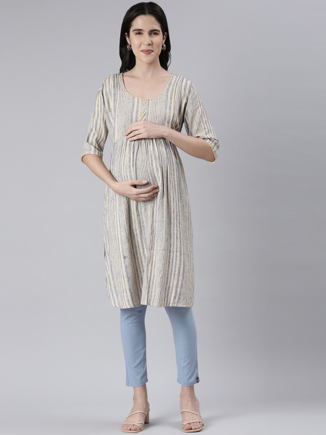 

GOLDSTROMS Striped Printed A-Line Maternity Kurta, Yellow