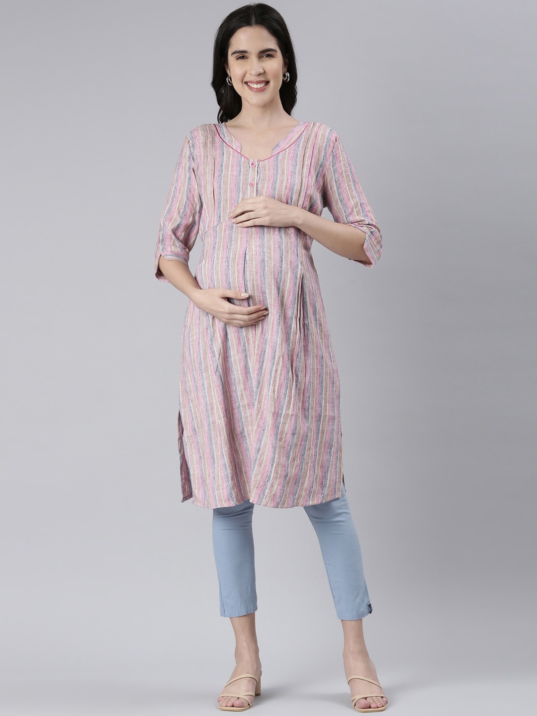 

GOLDSTROMS Striped Printed A-Line Maternity Kurta, Pink