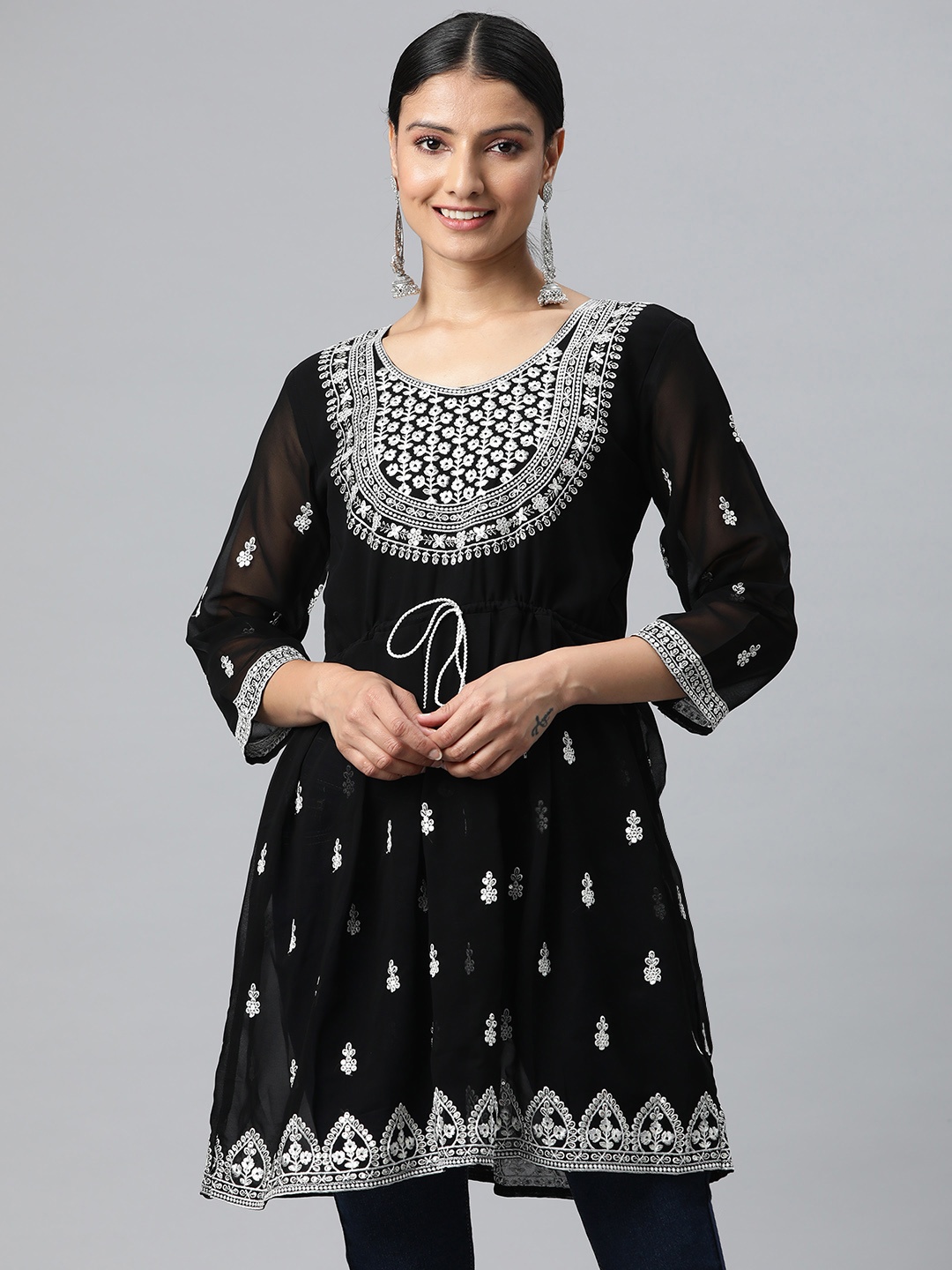 

WEAVETECH IMPEX Black Embroidered Georgette Longline Top