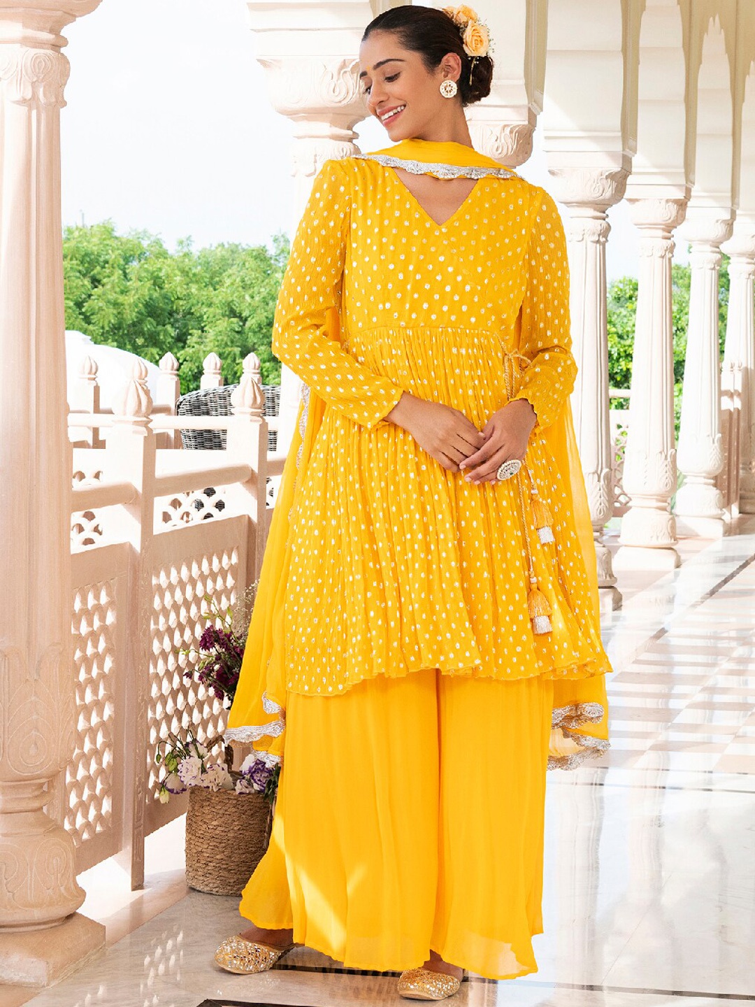 

EverBloom Self Design Anarkali Kurta with Palazzos & Dupatta, Yellow