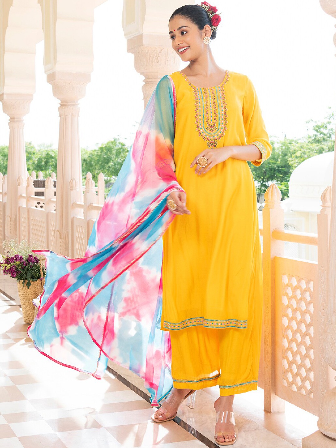 

EverBloom Floral Embroidered Liva Kurta with Palazzos & Dupatta, Yellow