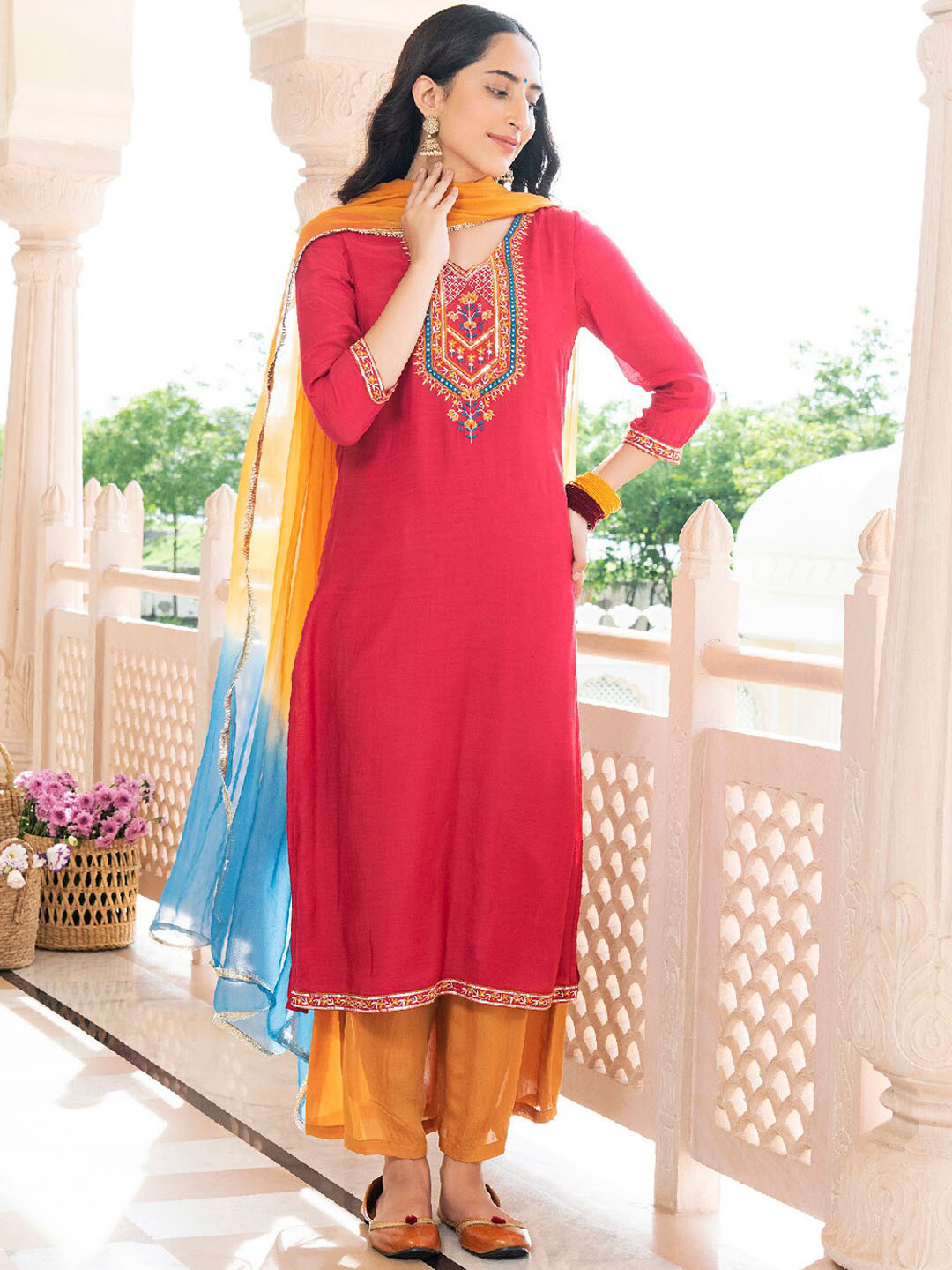 

EverBloom Ethnic Motifs Embroidered Liva Kurta with Palazzos & Dupatta, Red