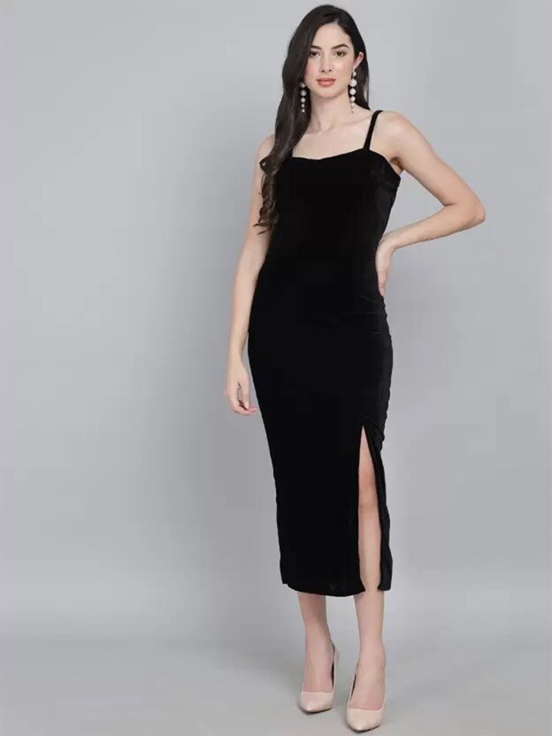 

COLOR CAPITAL Shoulder Straps Velvet Sheath Midi Dress, Black