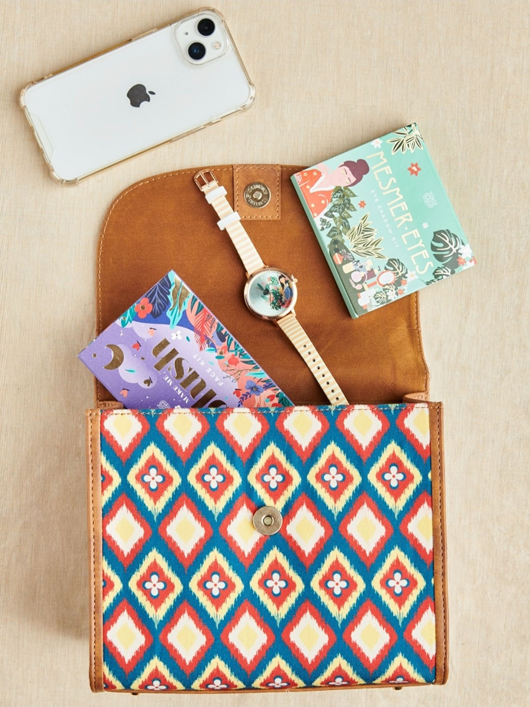 

TEAL BY CHUMBAK Geometric Ikat Printed Structured Sling Bag, Blue