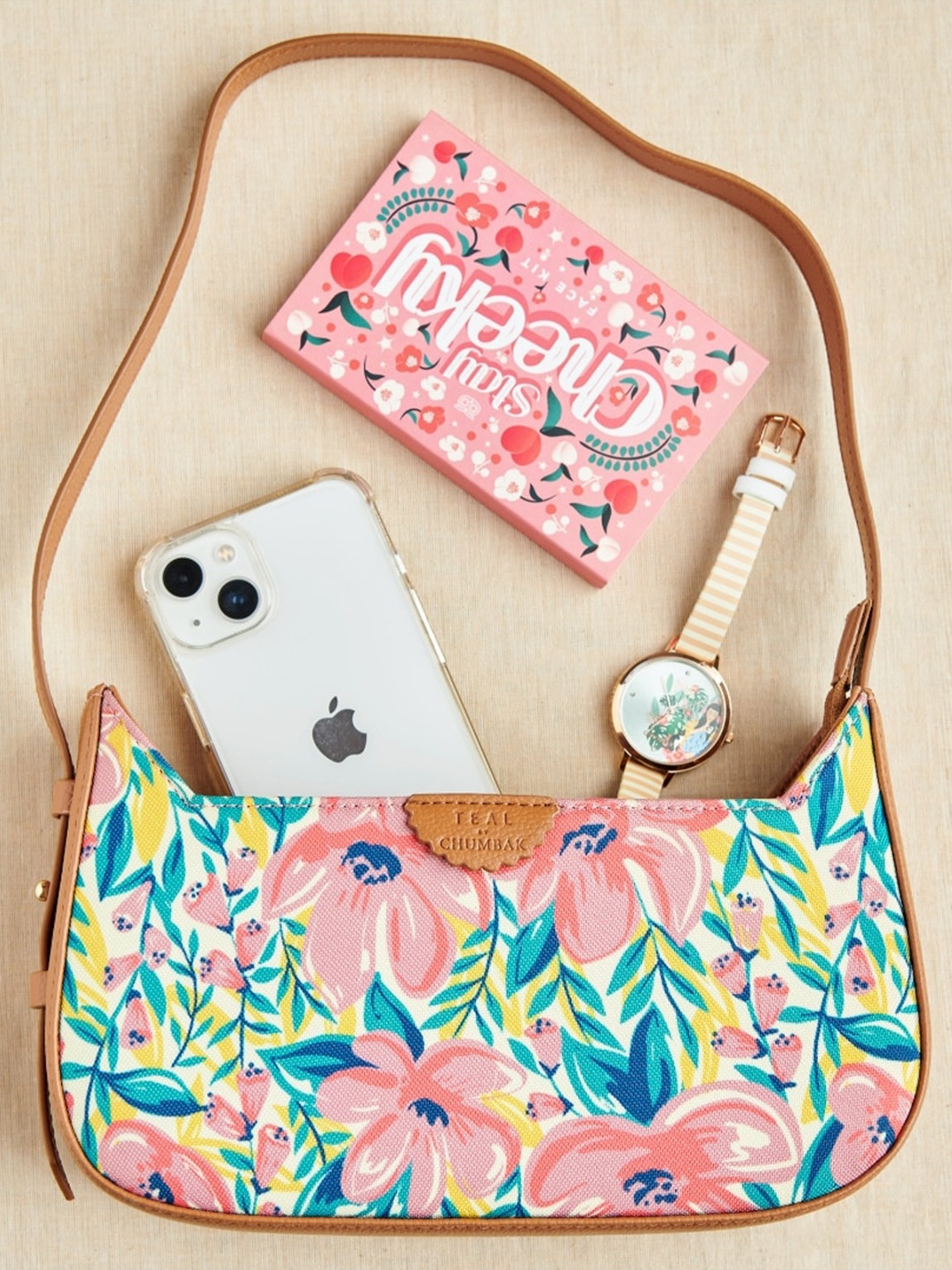 

TEAL BY CHUMBAK Floral Printed Structured Handheld Bag, Off white