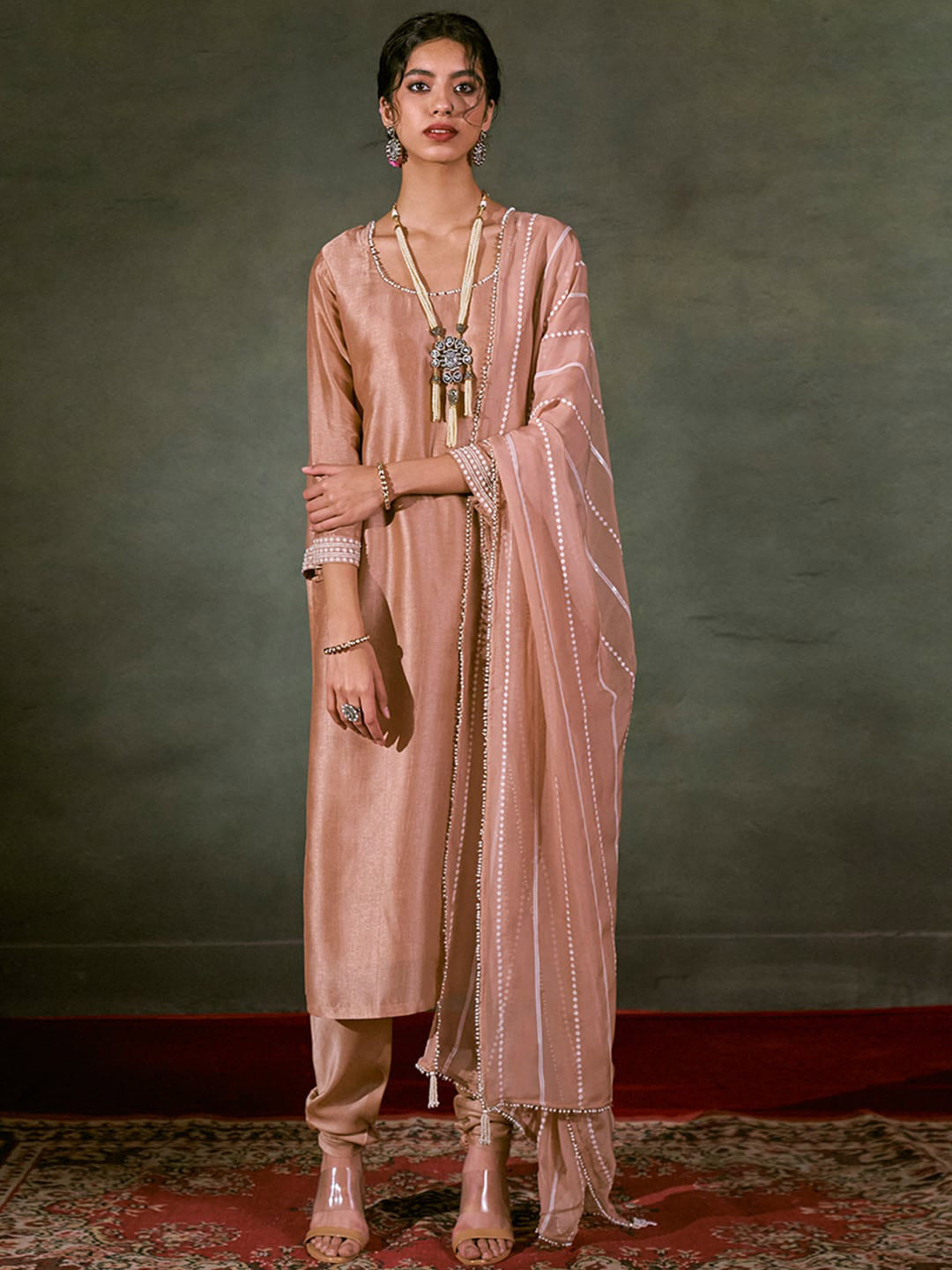 

Ganga Embroidered Beads & Stones Pure Silk Kurta With Churidar & Dupatta, Beige