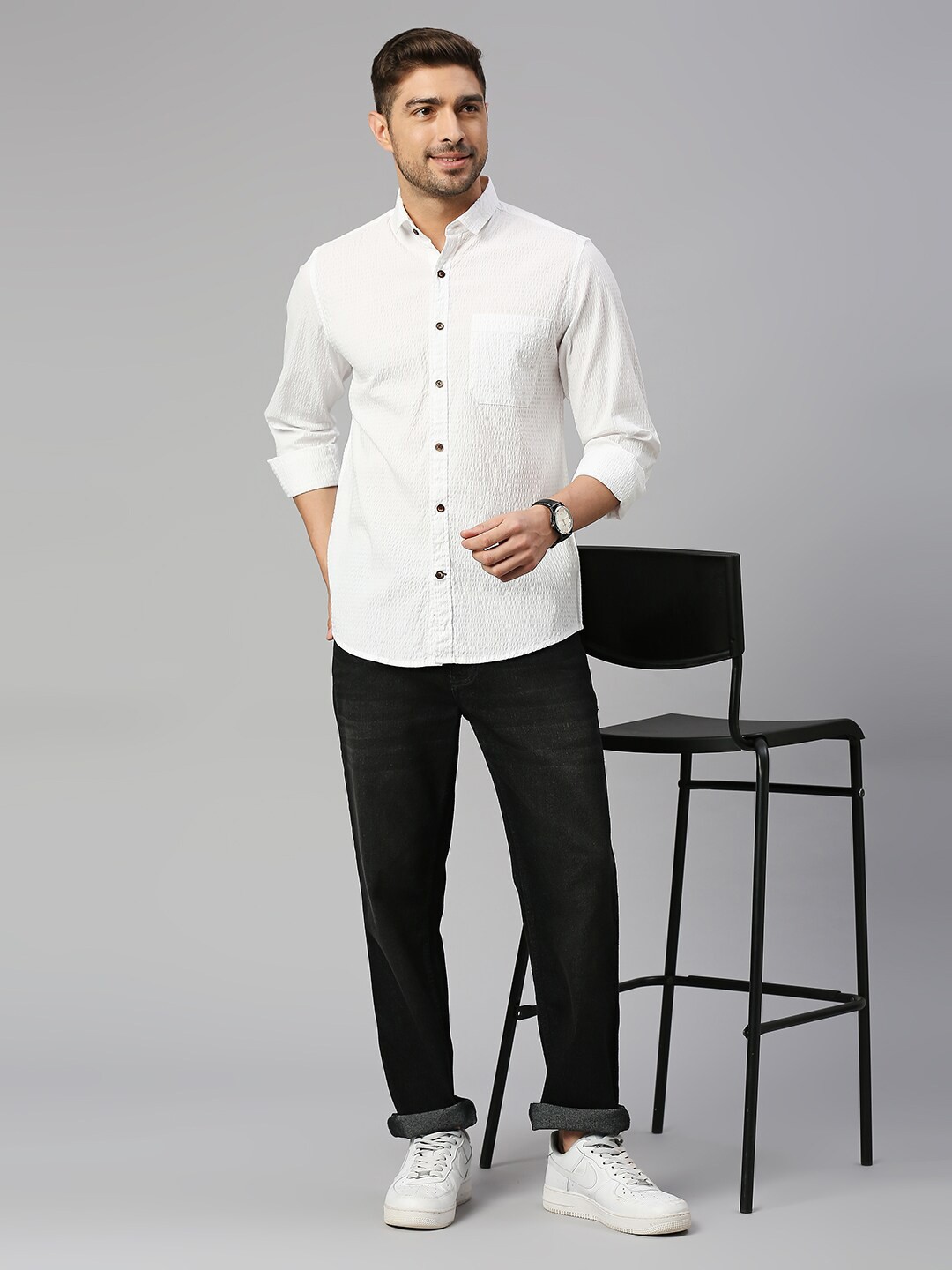 

Mast & Harbour White Classic Slim Fit Seersucker Cotton Casual Shirt