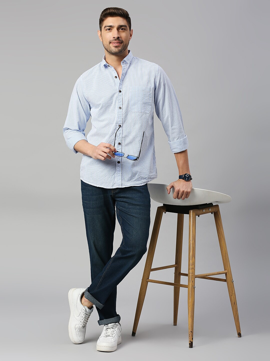 

Mast & Harbour Blue Classic Slim Fit Striped Seersucker Cotton Casual Shirt
