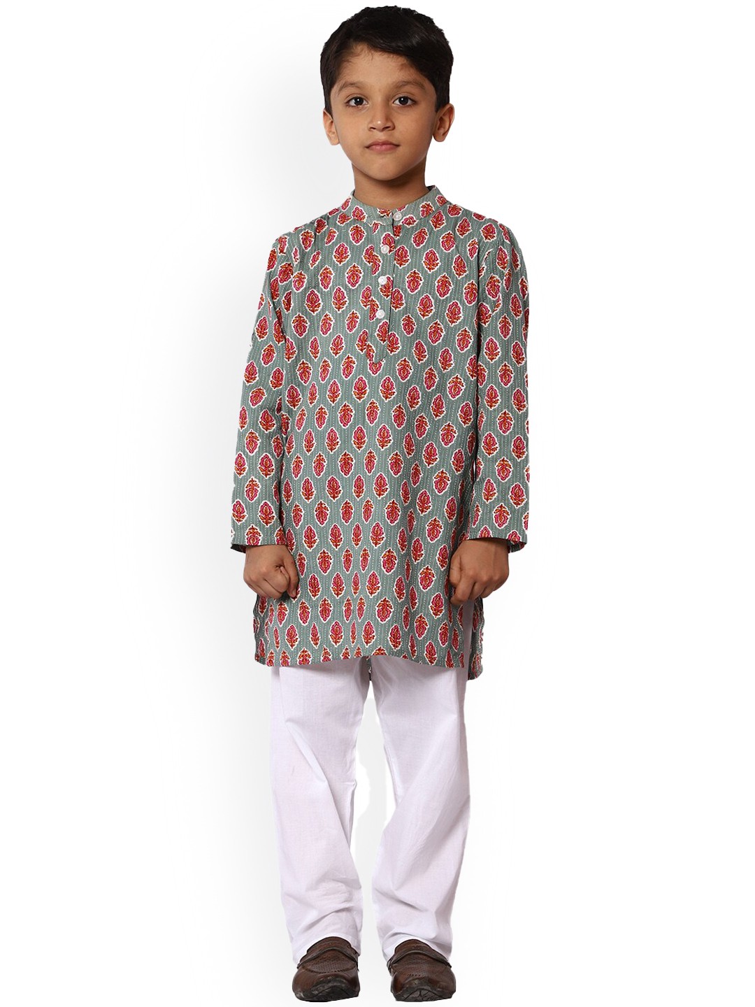 

Ka-mee Boys Ethnic Motifs Printed Pure Cotton Kurta with Pyjamas, Grey