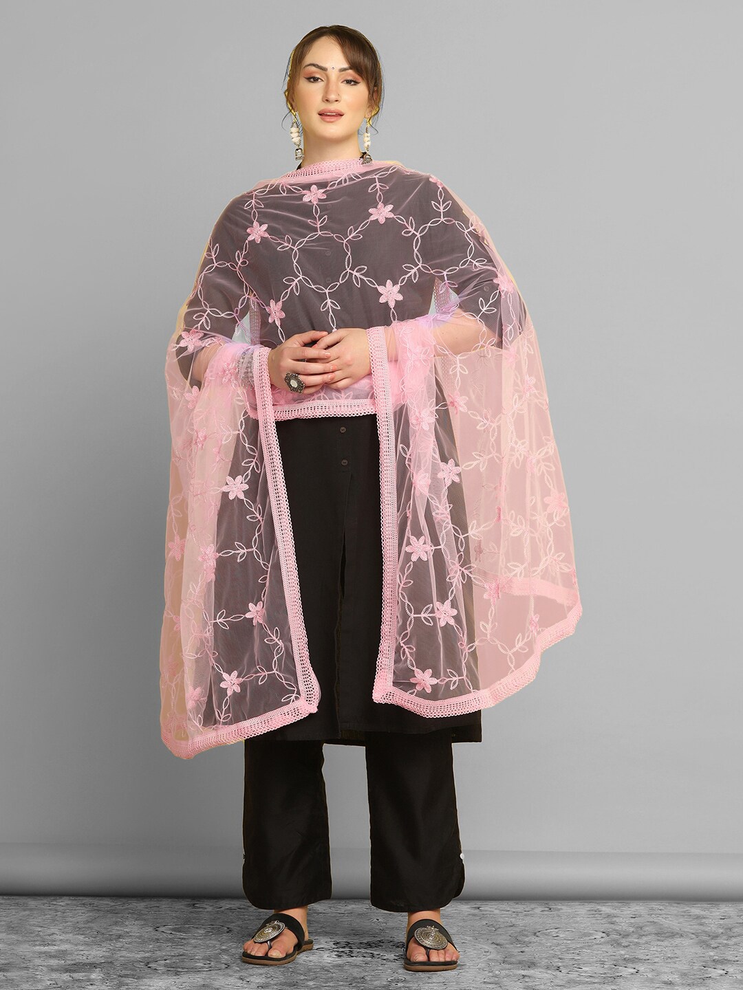 

Satrani Ethnic Motifs Embroidered Net Dupatta, Pink