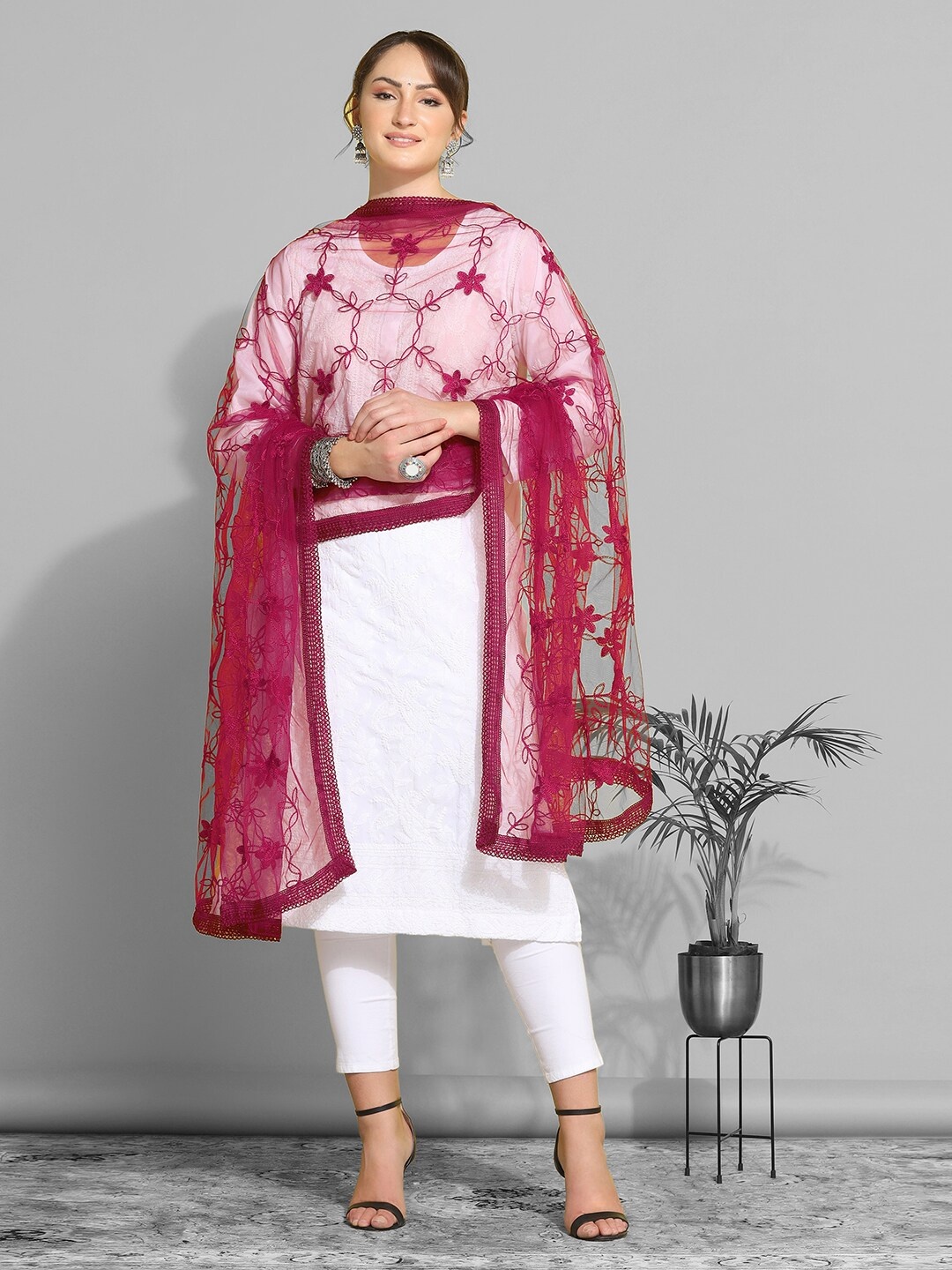 

Satrani Ethnic Motifs Embroidered Net Dupatta, Red