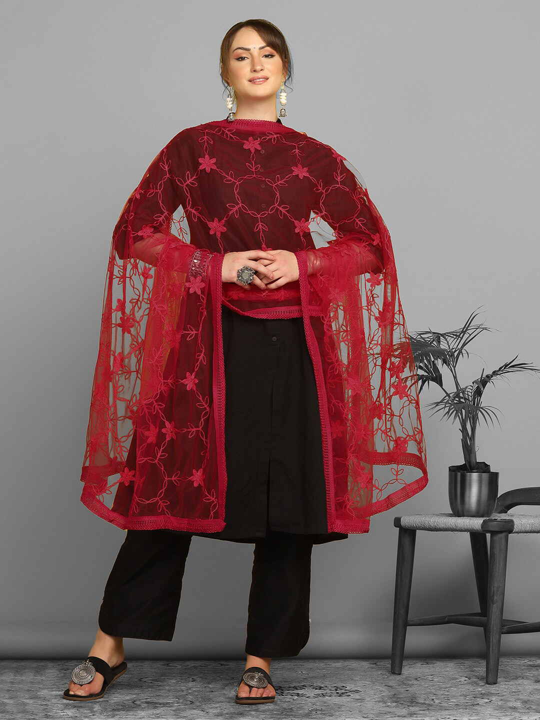 

Satrani Ethnic Motifs Embroidered Net Dupatta, Red