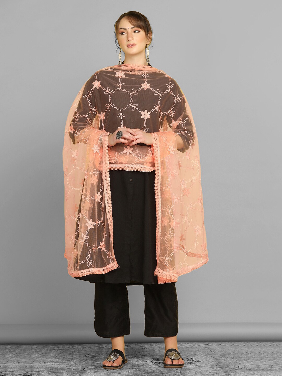 

Satrani Ethnic Motifs Embroidered Net Dupatta, Orange