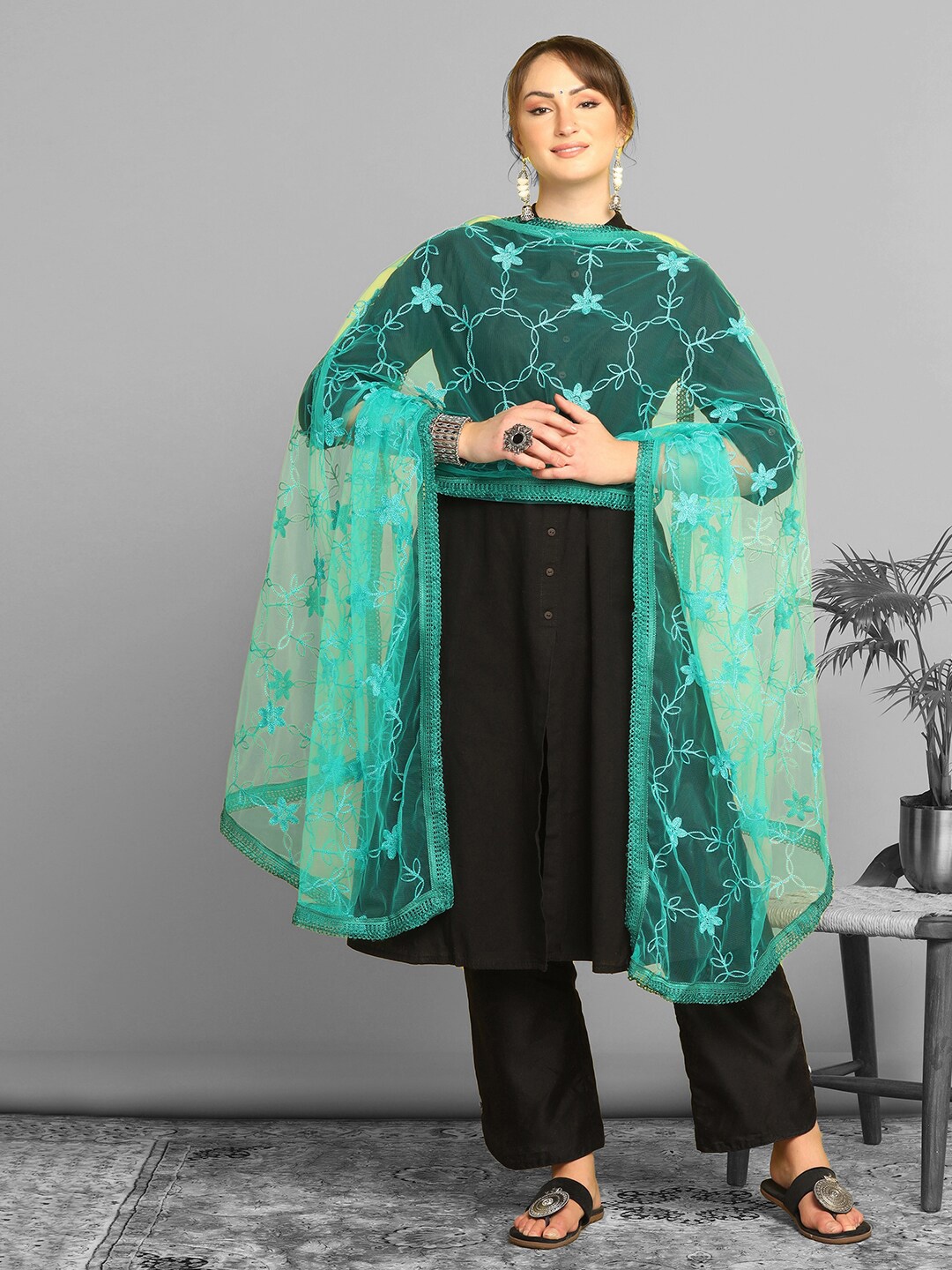 

Satrani Ethnic Motifs Embroidered Net Dupatta, Green