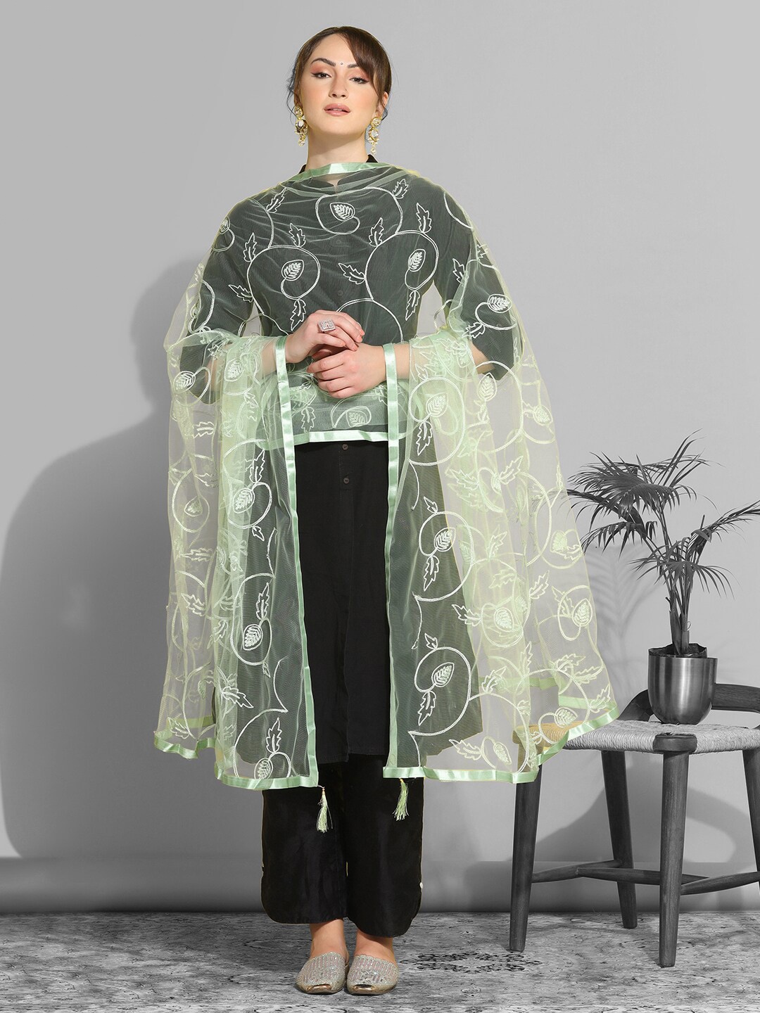 

Satrani Ethnic Motifs Embroidered Net Dupatta, Green