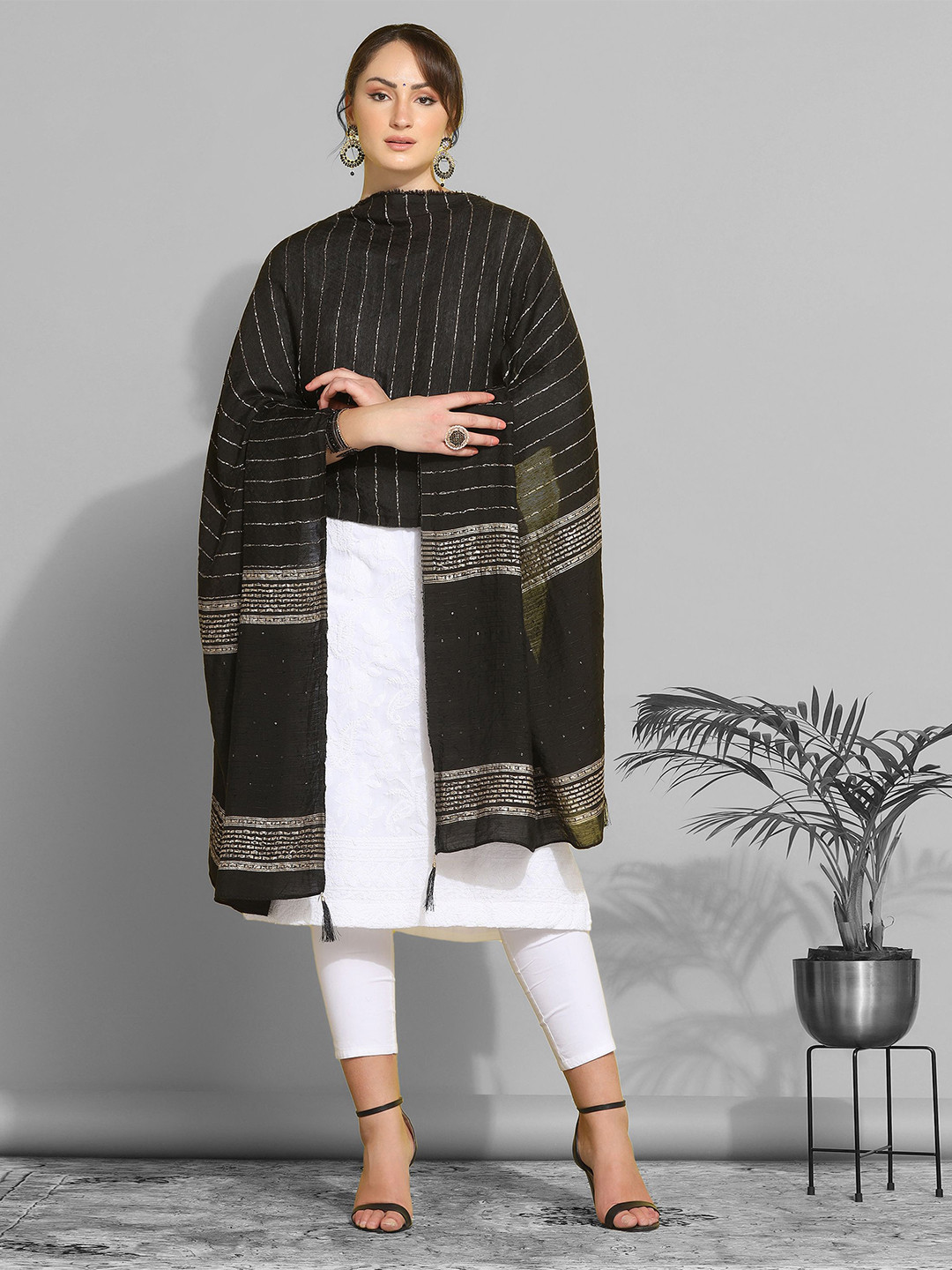 

Satrani Black Striped Cotton Silk Tasselled Dupatta