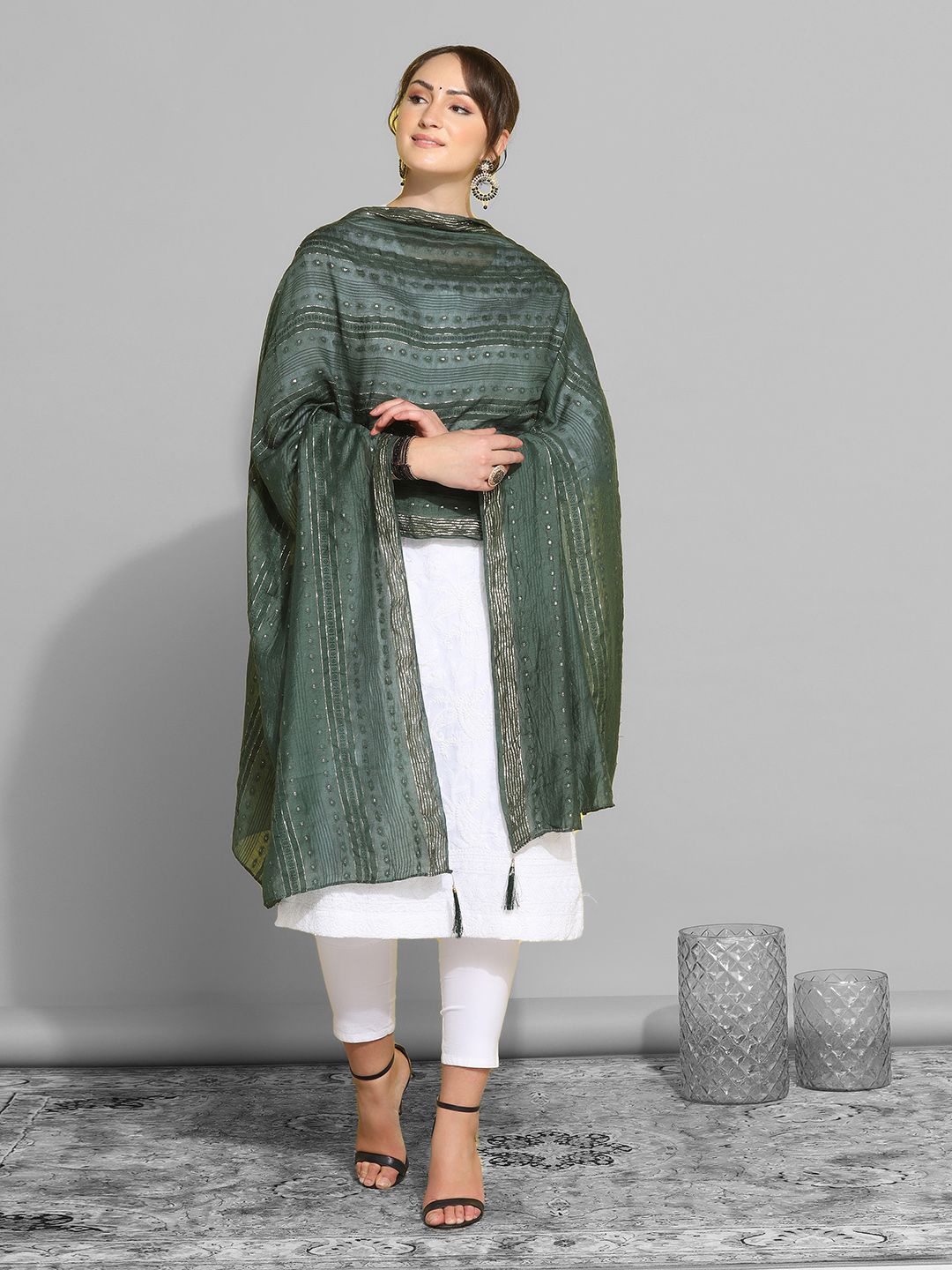 

Satrani Green Woven Design Striped Cotton Silk Dupatta