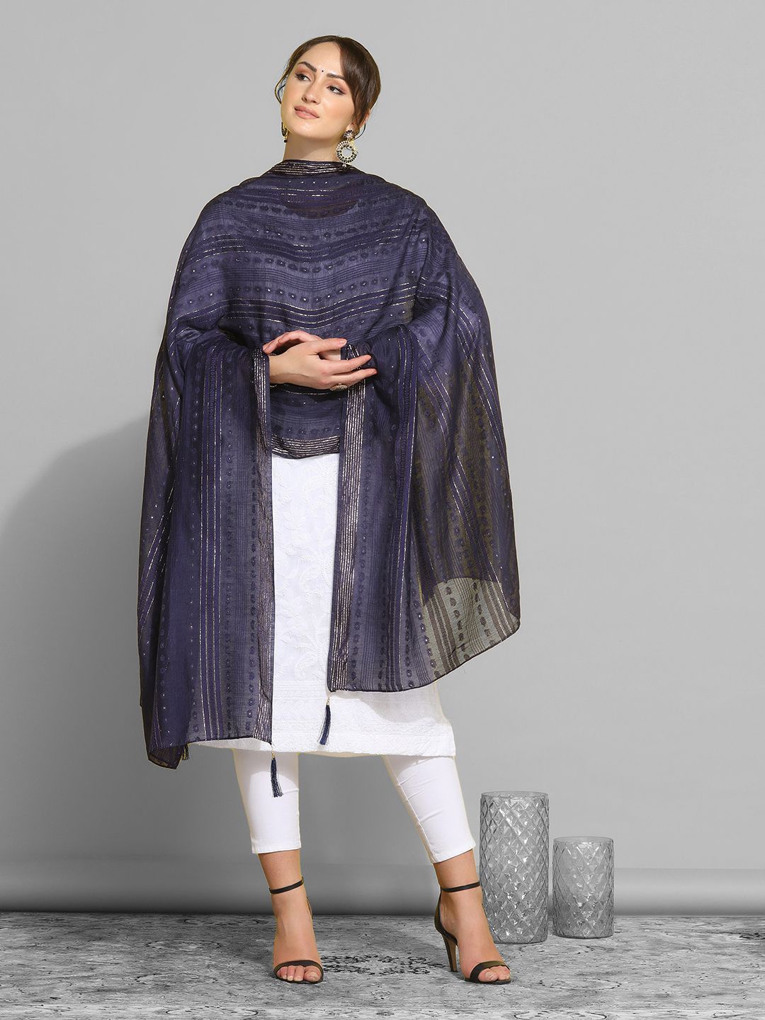 

Satrani Blue Woven Design Striped Cotton Silk Dupatta With Zari, Navy blue