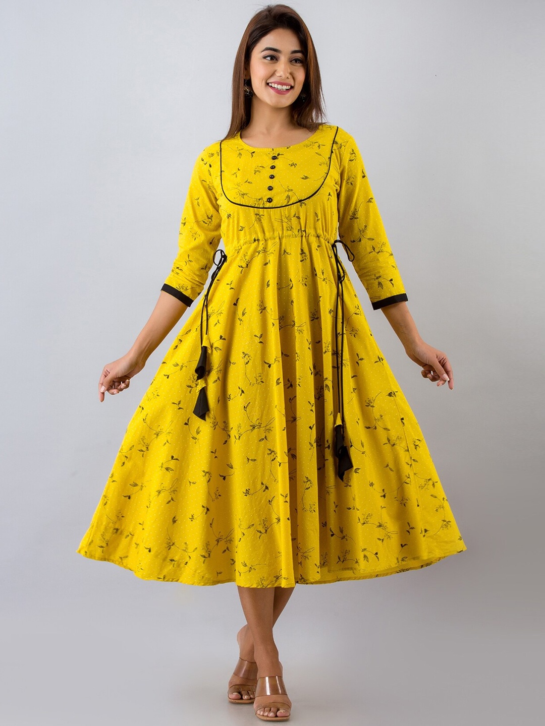 

HERE&NOW Floral Printed Tie Ups Detail Fit and Flare Ethnic Dress, Yellow