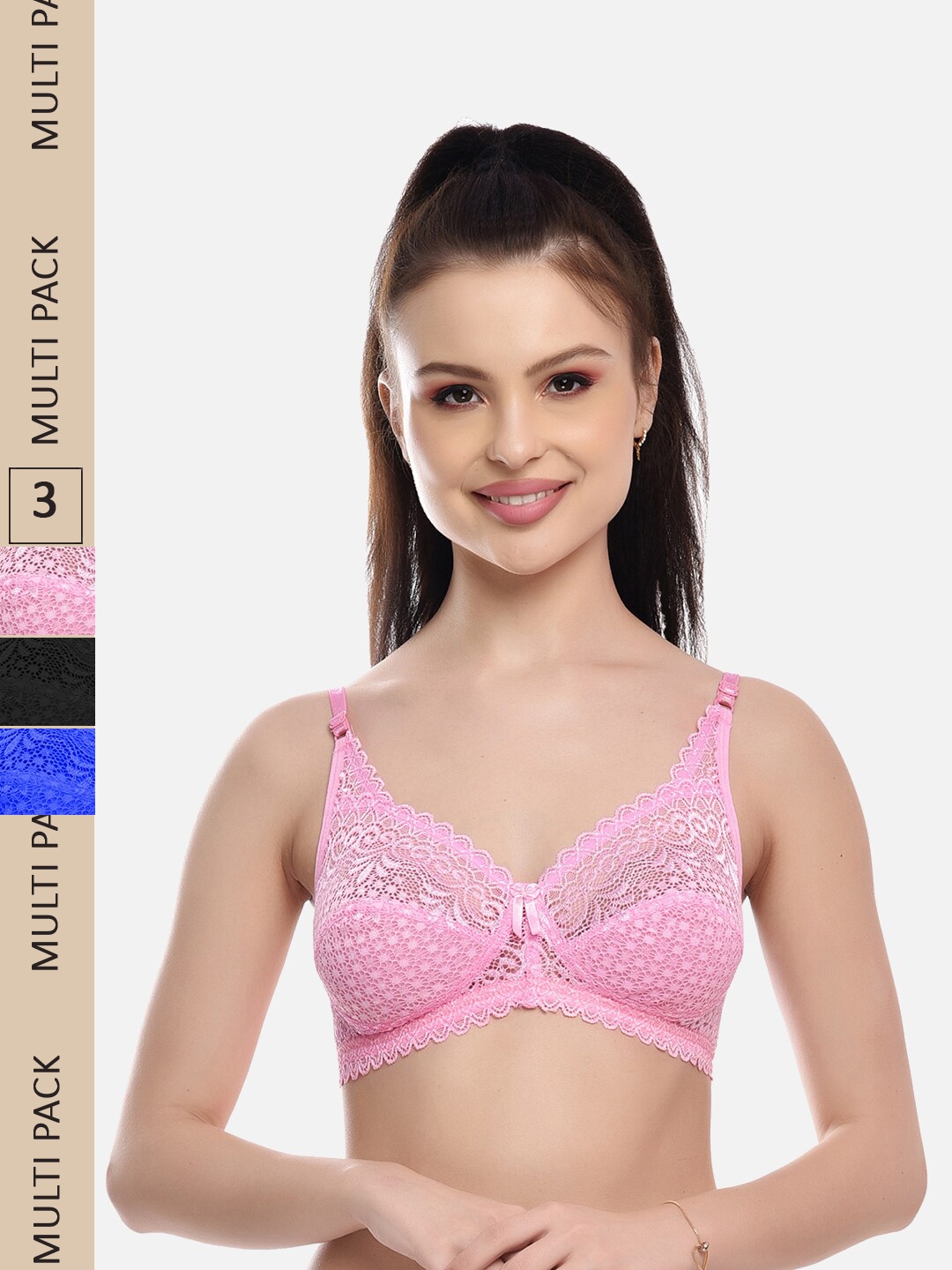

FIMS Pack Of 3 Floral Lace Full Coverage All Day Comfort Rapid-Dry Bralette, Black