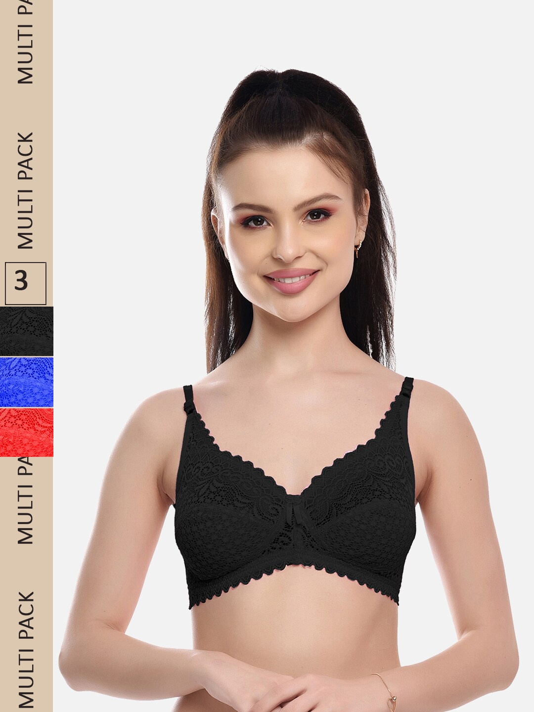 

FIMS Pack Of 3 Floral Lace Full Coverage All Day Comfort Rapid-Dry Bralette, Black