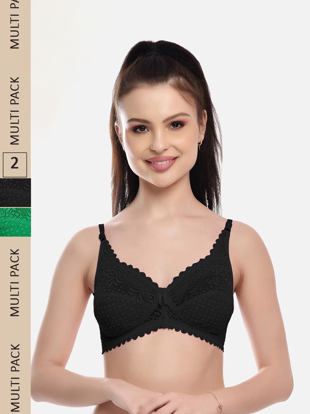 

FIMS Pack Of 2 Floral Lace Full Coverage All Day Comfort Rapid-Dry Bralette, Black