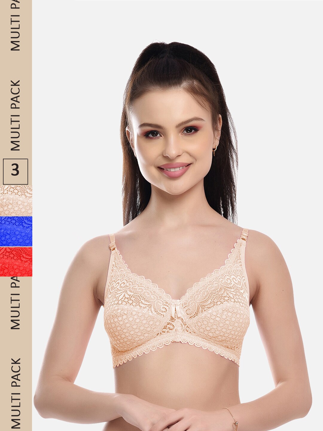 

FIMS Pack Of 3 Floral Lace Full Coverage All Day Comfort Rapid-Dry Bralette, Red