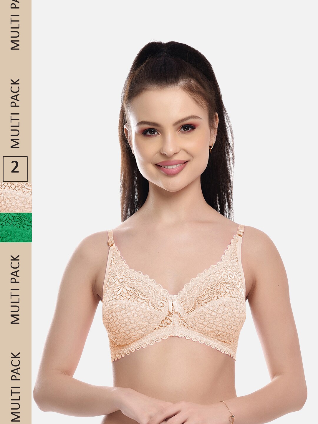 

FIMS Pack Of 2 Floral Lace Full Coverage All Day Comfort Rapid-Dry Bralette, Beige