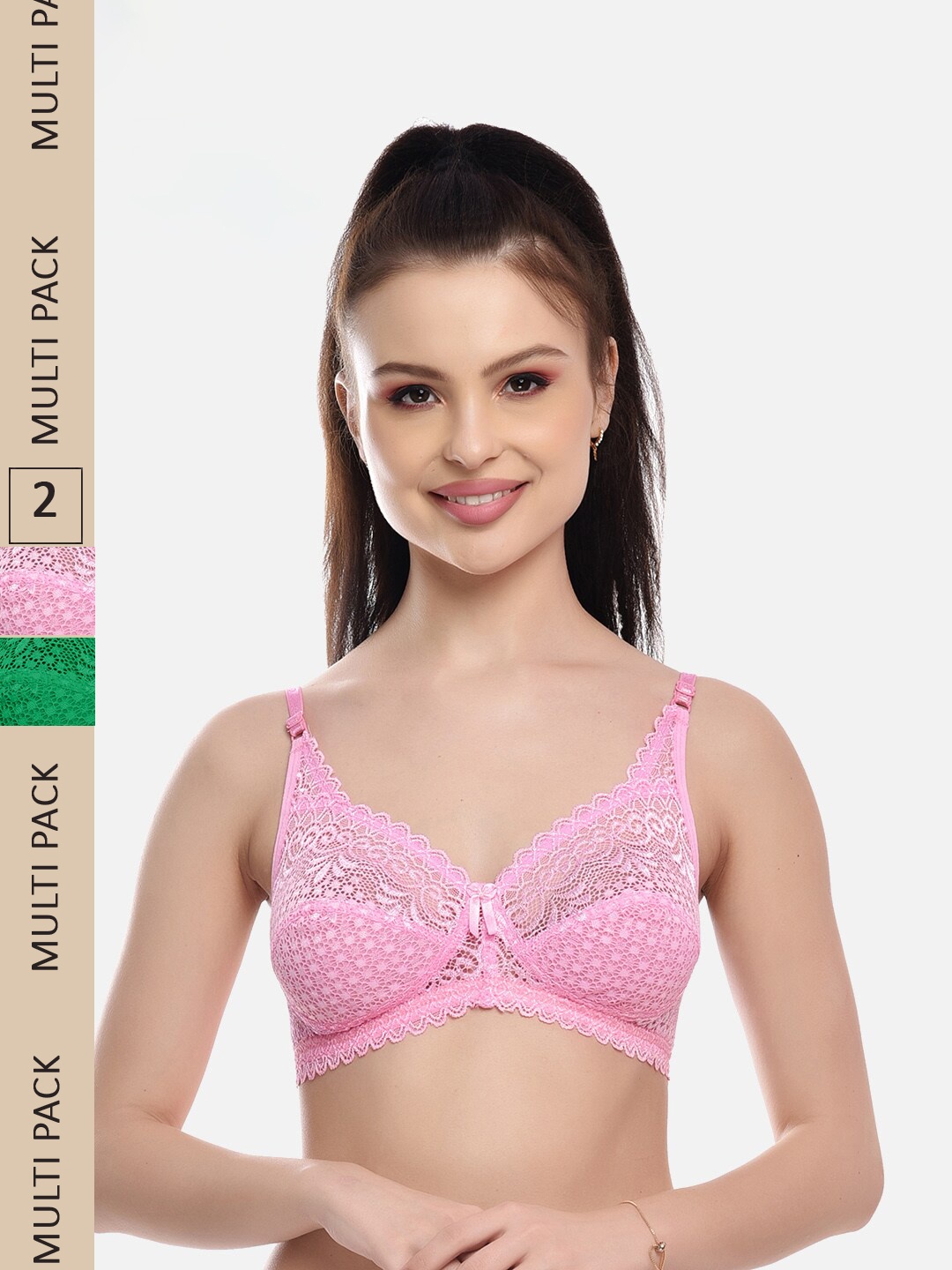 

FIMS Pack Of 2 Floral Lace Full Coverage All Day Comfort Rapid-Dry Bralette, Pink