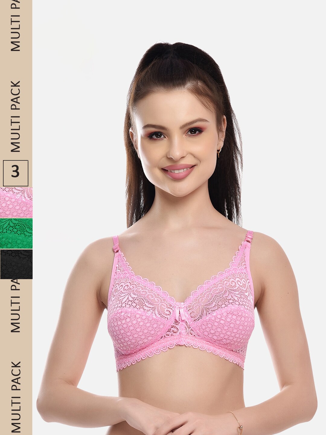 

FIMS Pack Of 3 Floral Lace Full Coverage All Day Comfort Rapid-Dry Bralette, Black