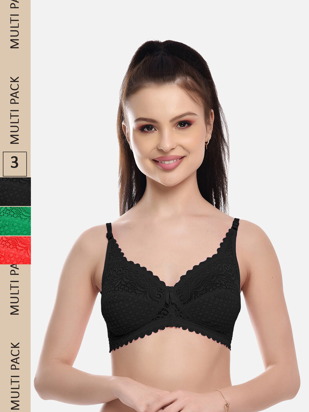 

FIMS Pack Of 3 Self Design Non-Padded All Day Comfort Rapid-Dry Bralette Bra, Black