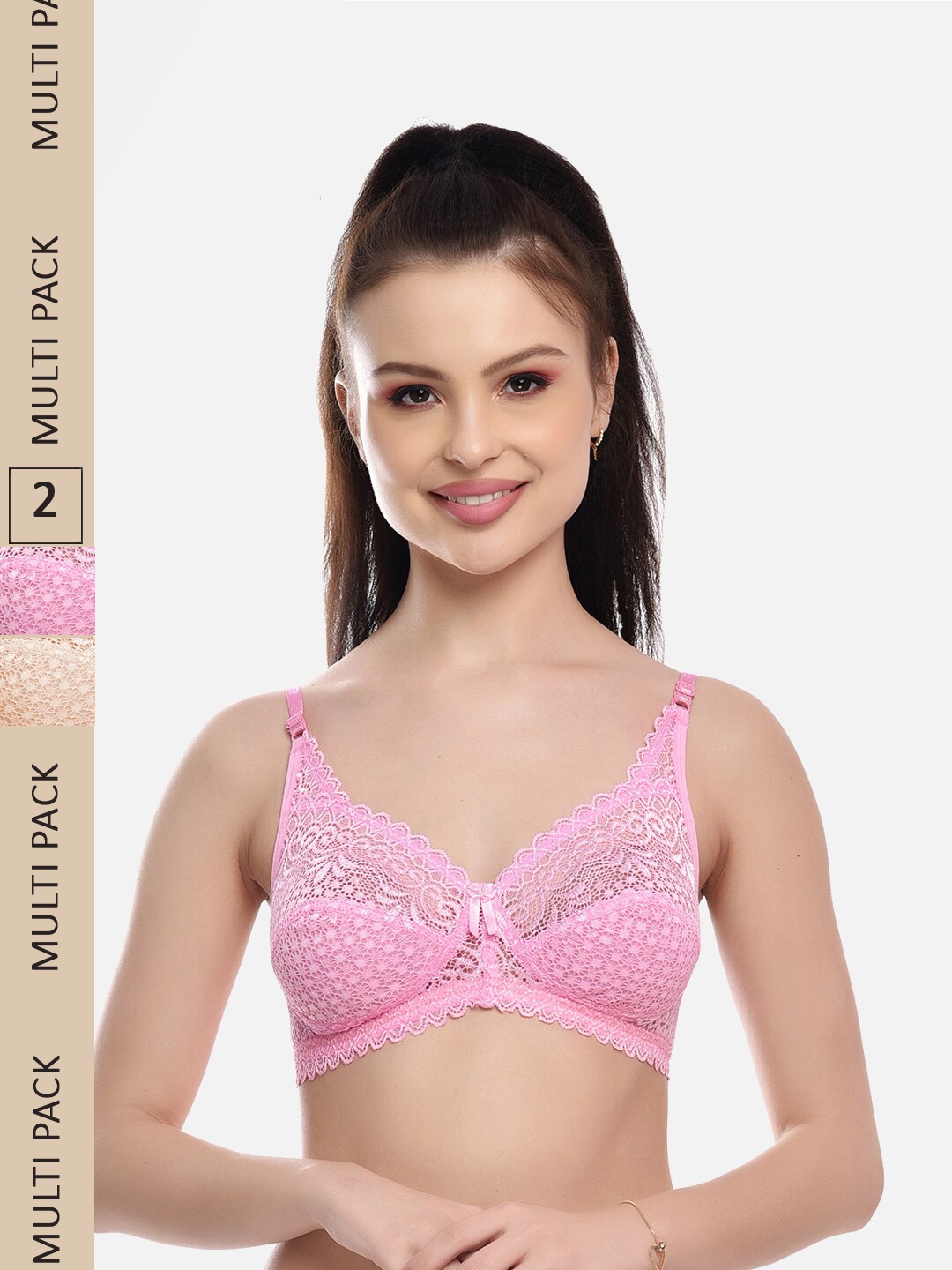 

FIMS Pack Of 2 Self Design Non-Padded All Day Comfort Rapid-Dry Bralette Bra, Pink