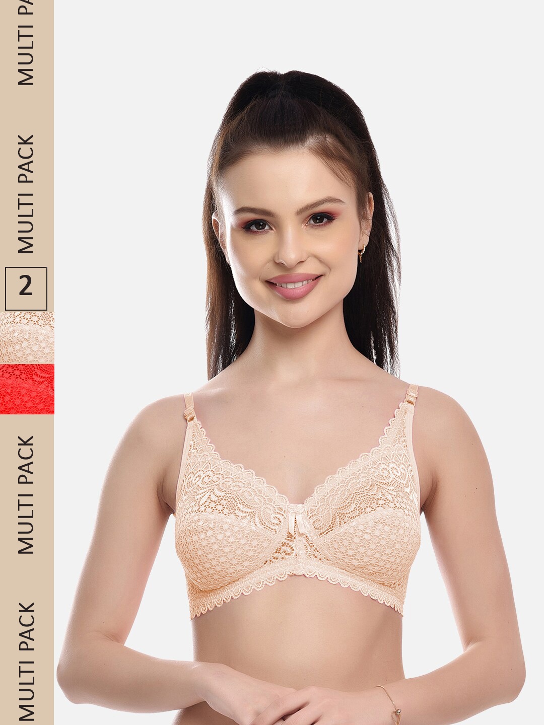 

FIMS Pack Of 2 Self Design Non-Padded All Day Comfort Rapid-Dry Bralette Bra, Beige