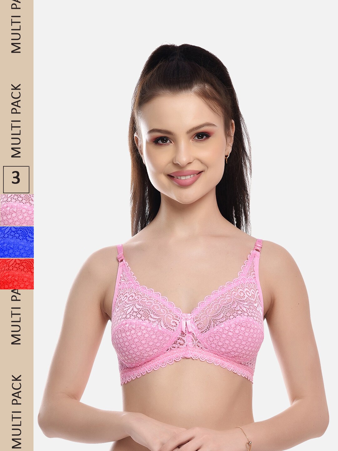 

FIMS Pack Of 3 Self Design Non-Padded All Day Comfort Rapid-Dry Bralette Bra, Pink