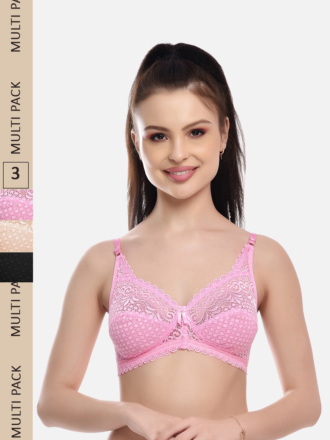 

FIMS Pack Of 3 Self Design Non-Padded All Day Comfort Rapid-Dry Bralette Bra, Pink