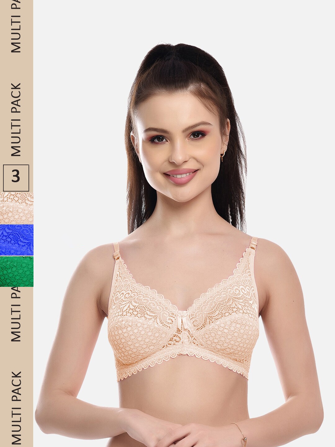 

FIMS Pack Of 3 Self Design Non-Padded All Day Comfort Rapid-Dry Bralette Bra, Beige