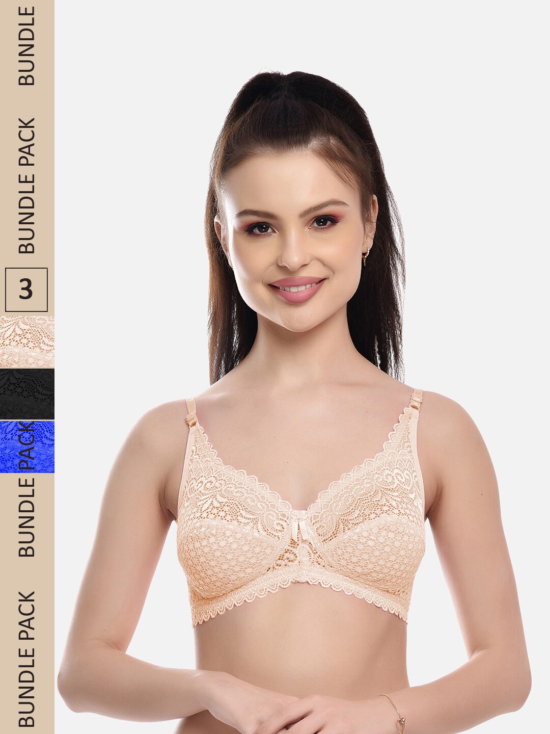 

FIMS Pack Of 3 Self Design Non-Padded All Day Comfort Rapid-Dry Bralette Bra, Beige
