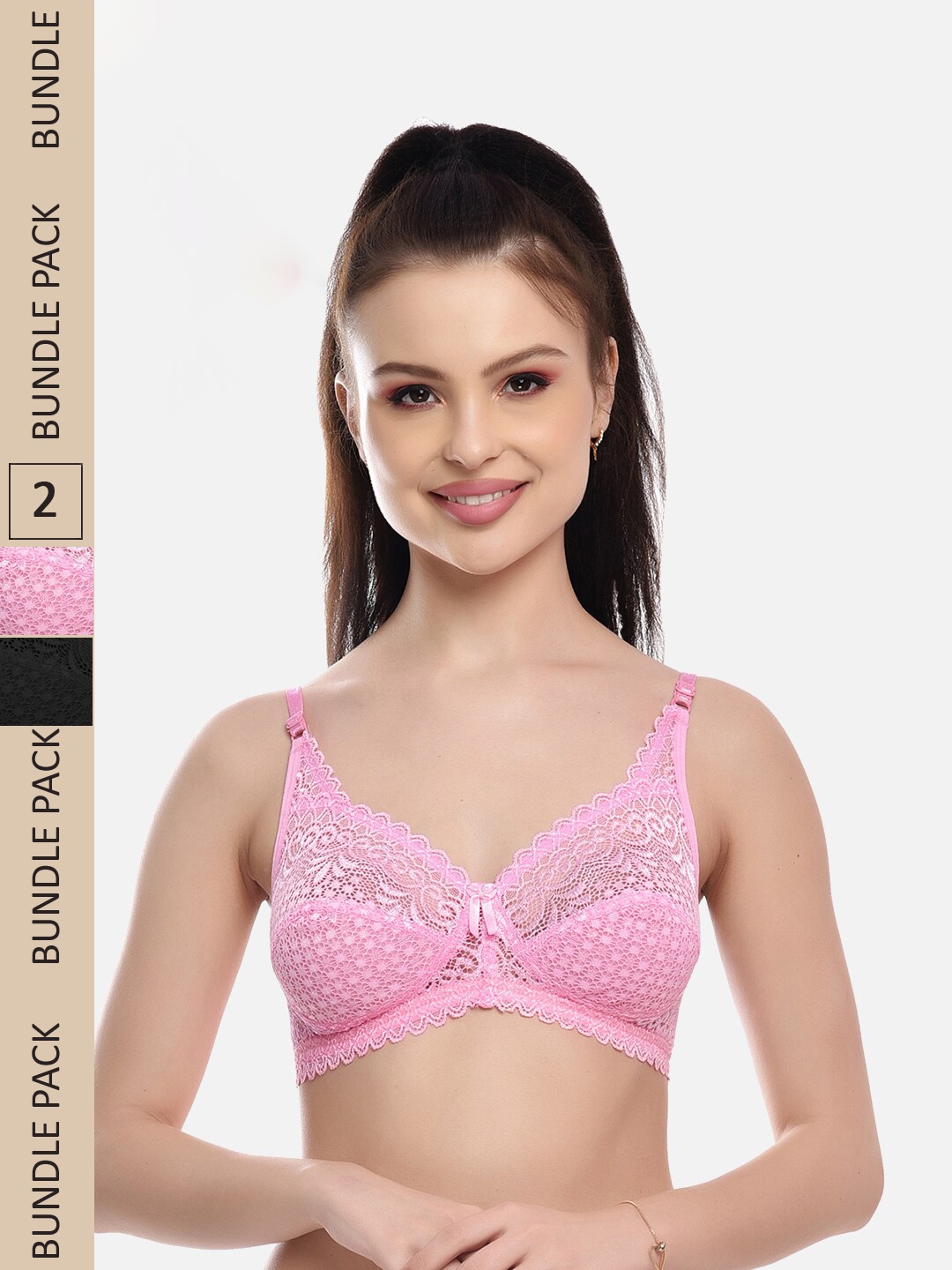 

FIMS Pack Of 2 Self Design Full Coverage All Day Comfort Rapid Dry Cotton Bralette Bra, Pink