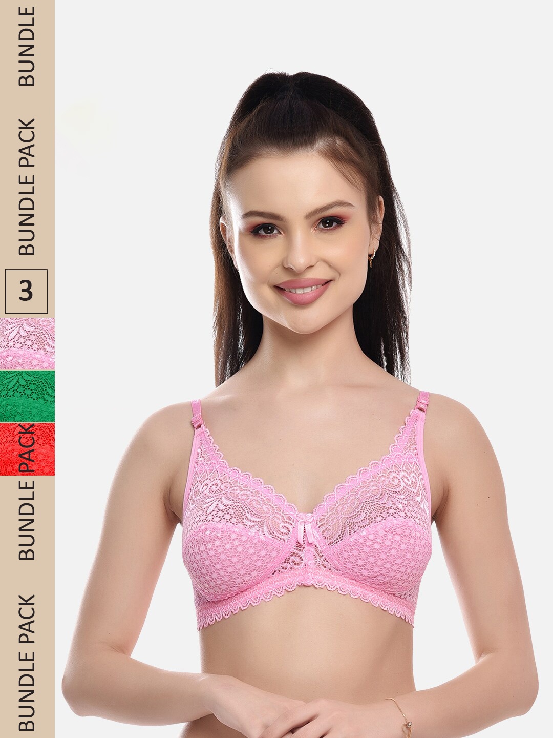 

FIMS Pack Of 3 Self Design Full Coverage All Day Comfort Rapid Dry Cotton Bralette Bra, Pink