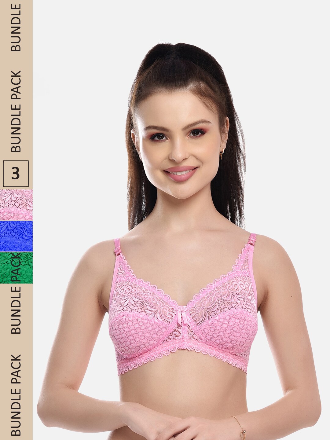

FIMS Pack Of 3 Self Design Full Coverage All Day Comfort Rapid Dry Cotton Bralette Bra, Pink