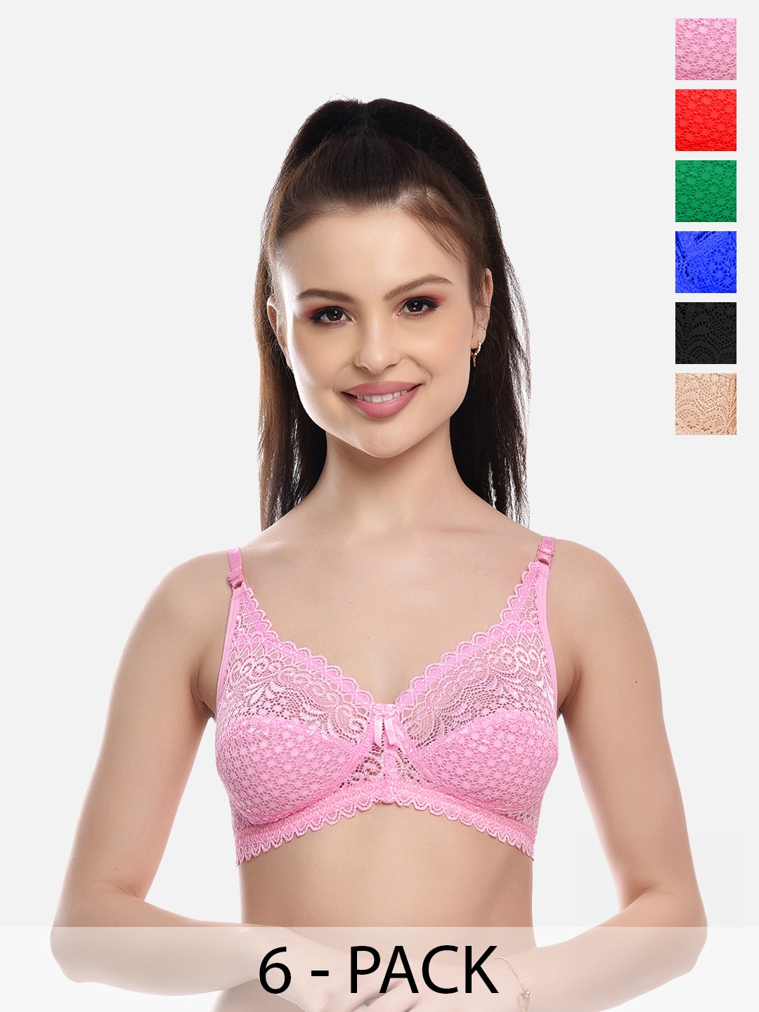 

FIMS Pack Of 6 Floral Lace Non-Padded All Day Comfort Rapid-Dry Bralette Bra, Black