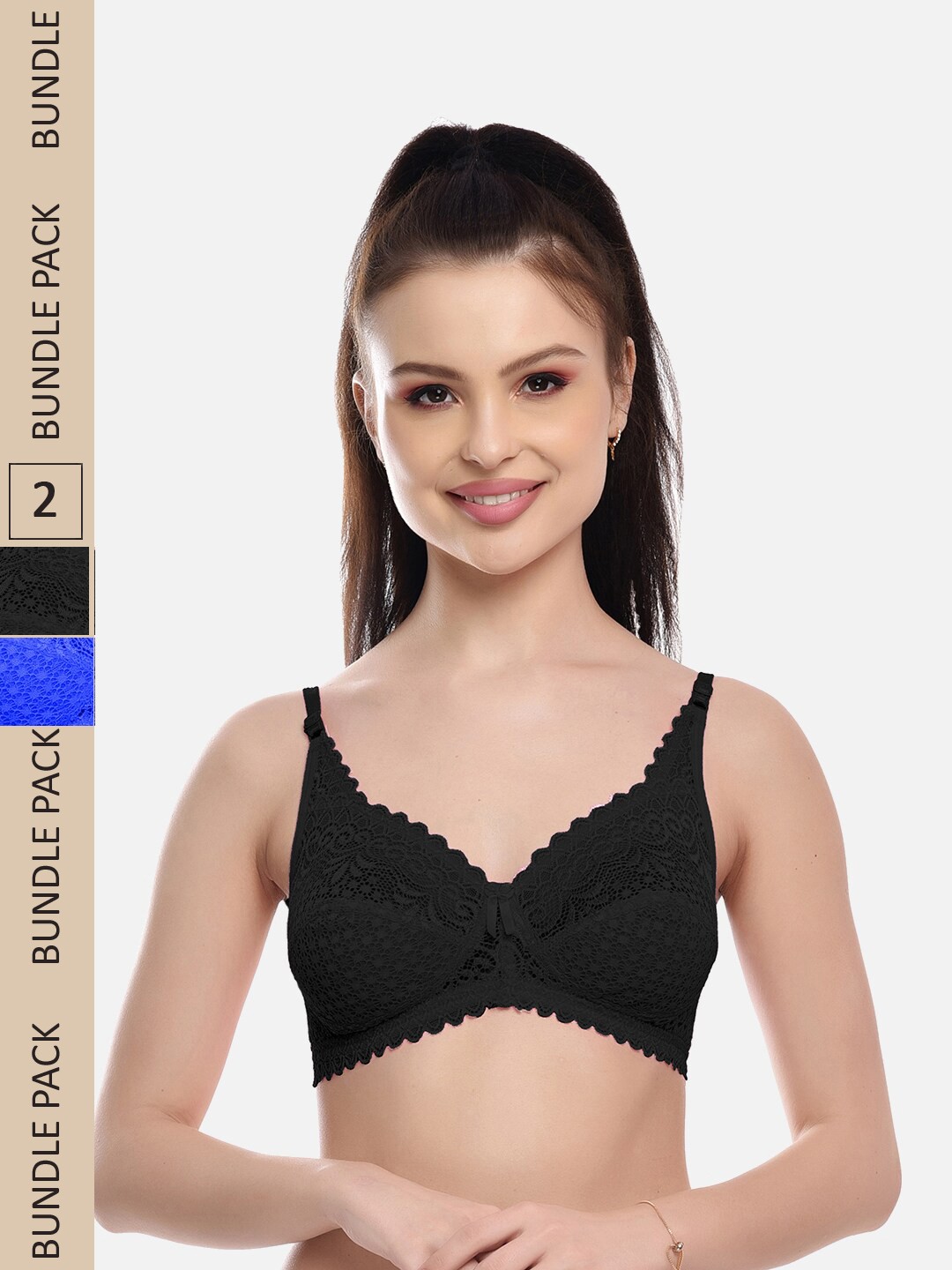 

FIMS Pack Of 2 Self Design Full Coverage All Day Comfort Rapid Dry Cotton Bralette Bra, Black