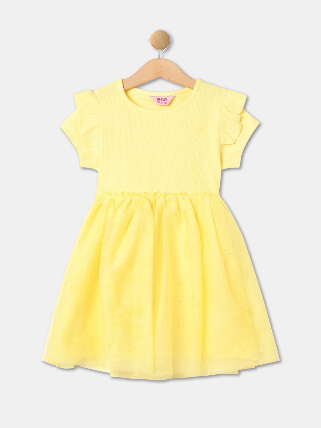 

R&B Girls Round Neck Cotton Fit & Flare Dress, Yellow