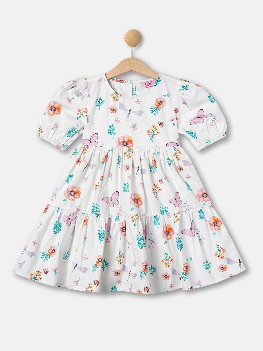 

R&B Girls Floral Print Puff Sleeve Empire Dress, White