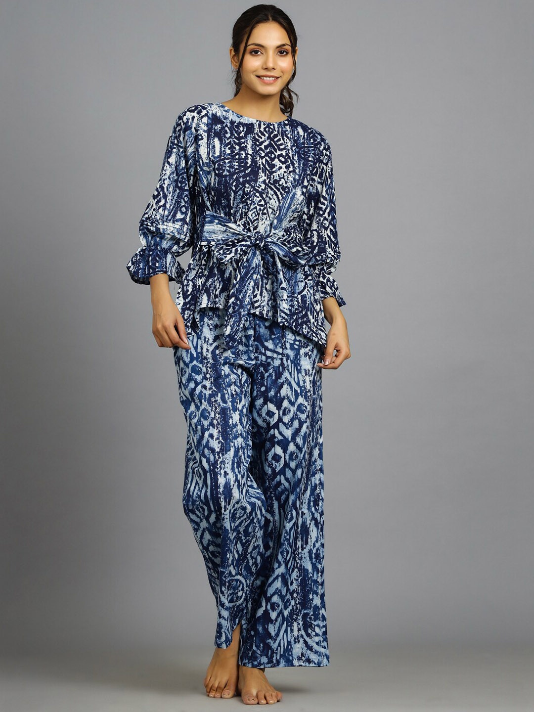 

HANDICRAFT PALACE Ethnic Motifs Printed Pure Cotton Night Suit, Blue